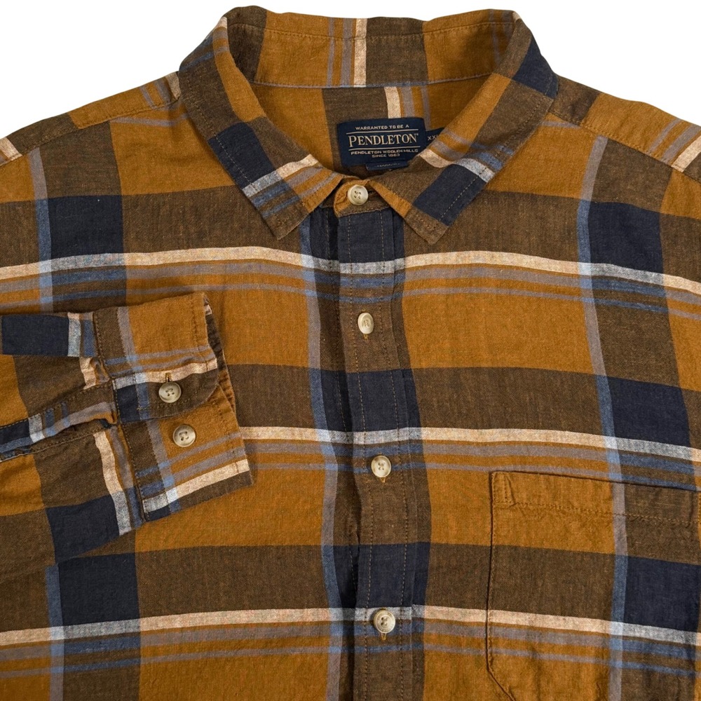 Pendleton Dawson Linen Shirt Plaid Button Down Brown Navy Mens XXL RA675-79220
